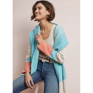 Anthropologie Blue and Coral 100% Wool Colorblock Cardigan